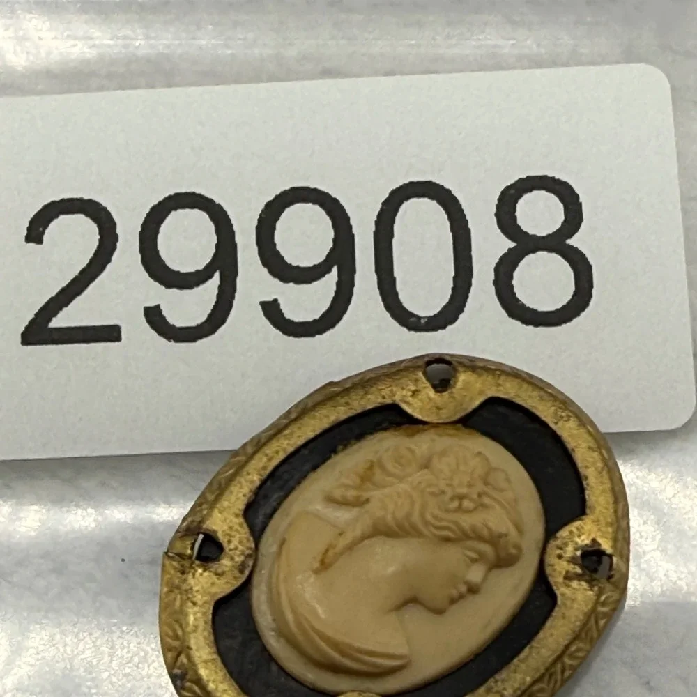 Vintage Cameo Brooch Pin Gold Tone Black Oval Portrait